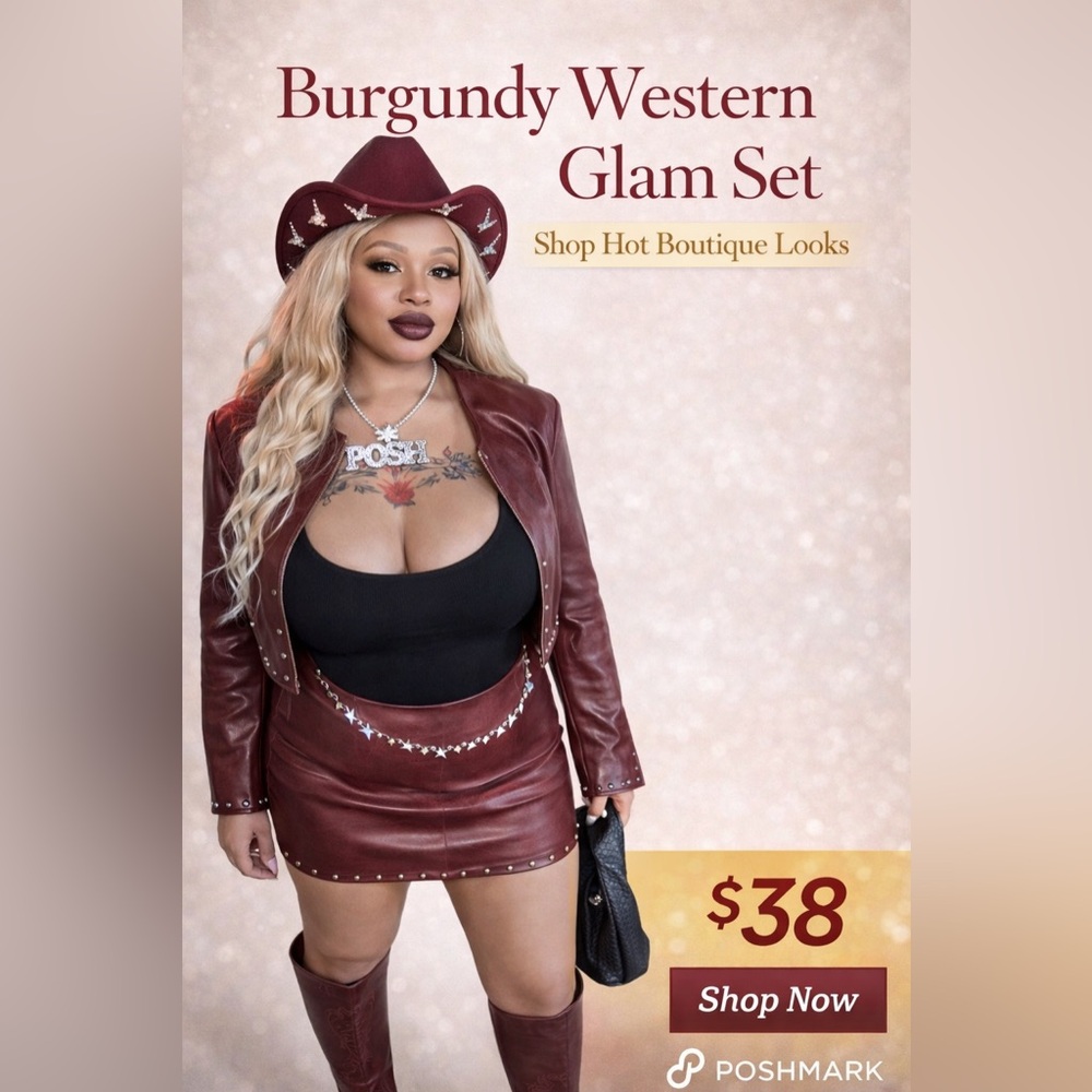On Sale Burgundy Faux Leather Studded Jacket & Skirt Set